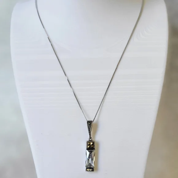 Sterling Silver 925 THAI Emerald Cut Cubic Zirconia Marcasites Necklace 18” - Picture 1 of 11